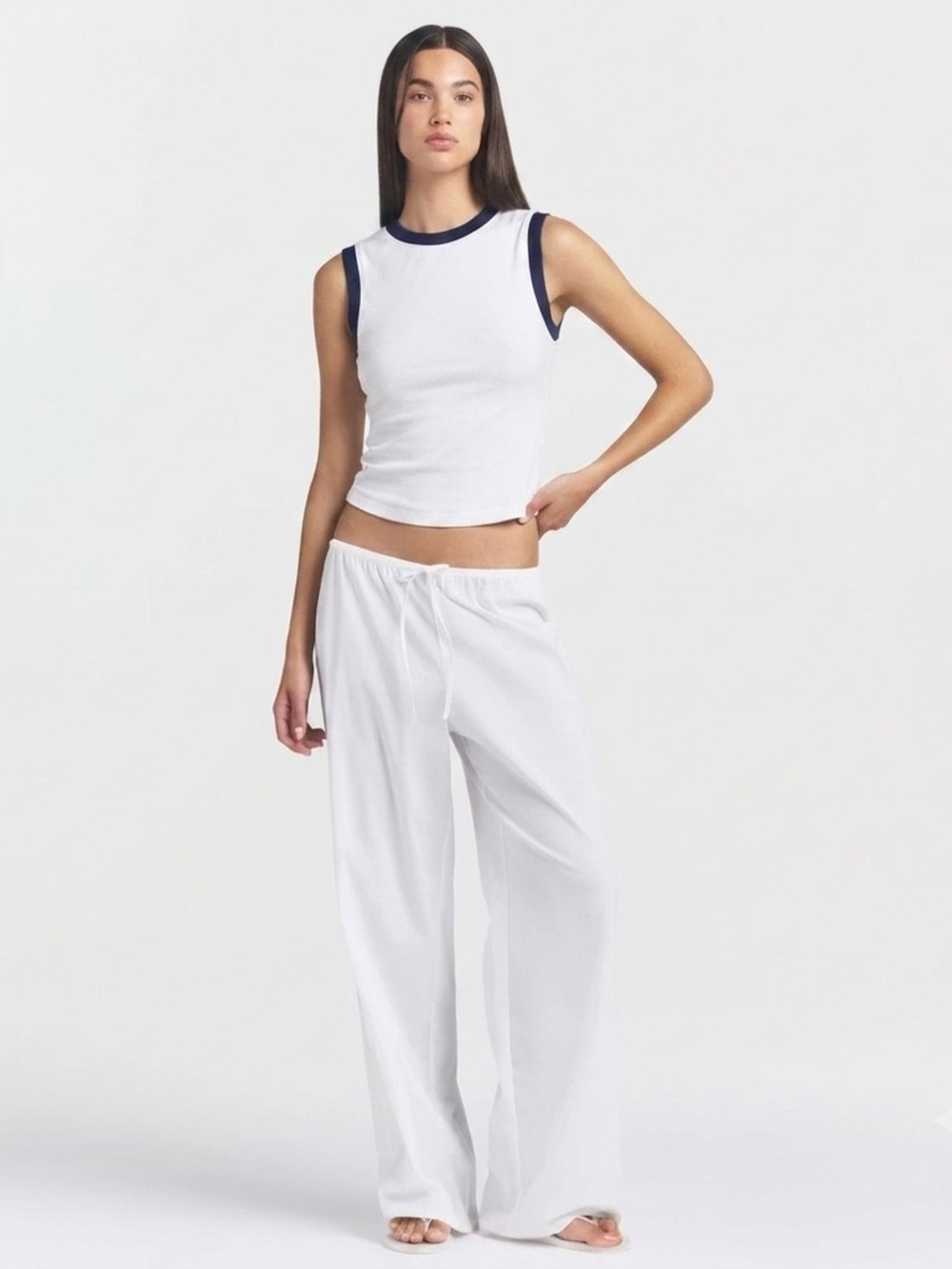 SKIMS High Crew Ribbed Crop Tank Top Navy White  Size S Athleisure Minimalist